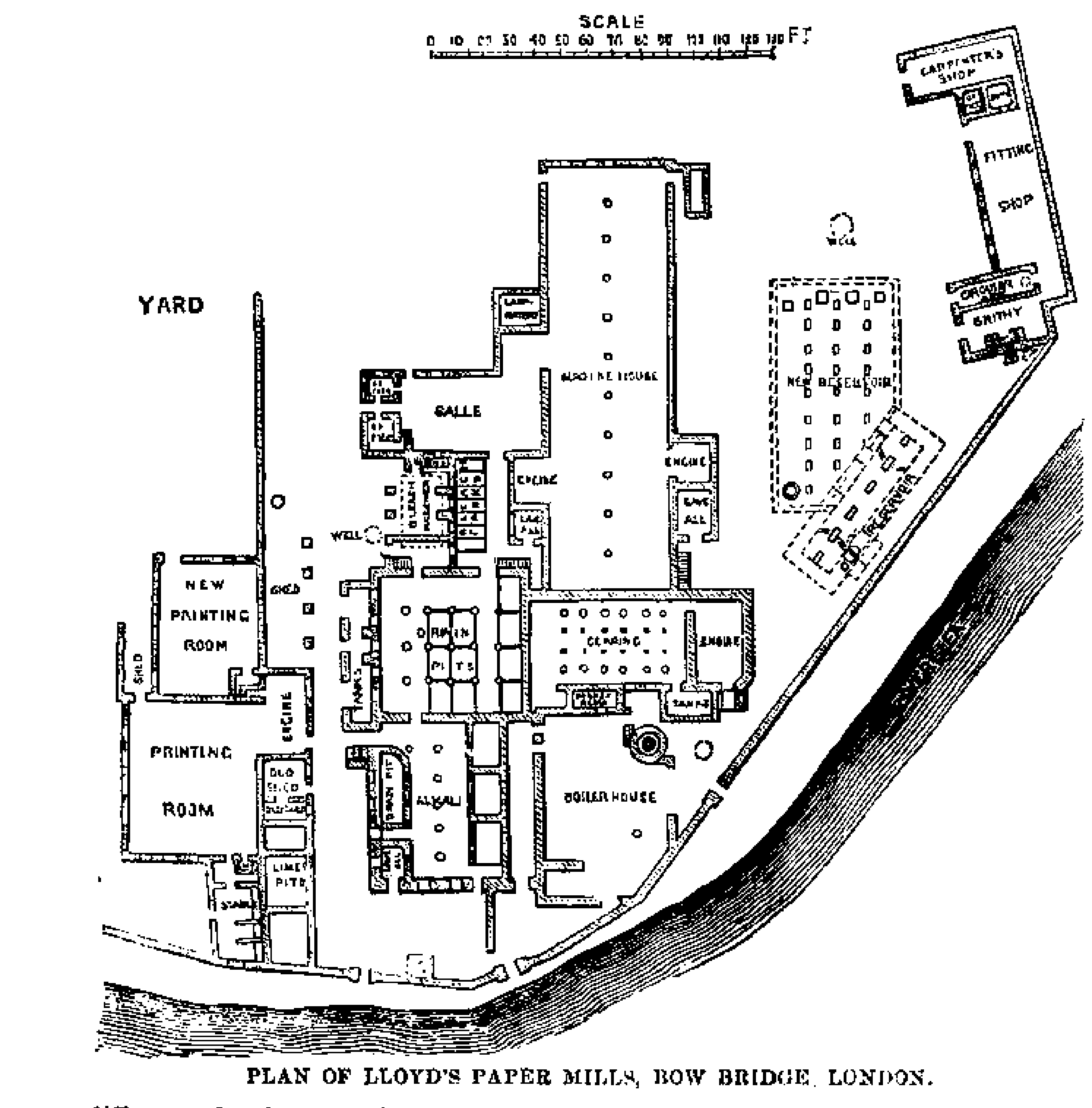A plan of the installation at Bow, </i>The Engineer<i>, 1867. The building to the left of the plan housed the printing operation and the larger part was taken by paper-making. The shaded line represents the River Lea.